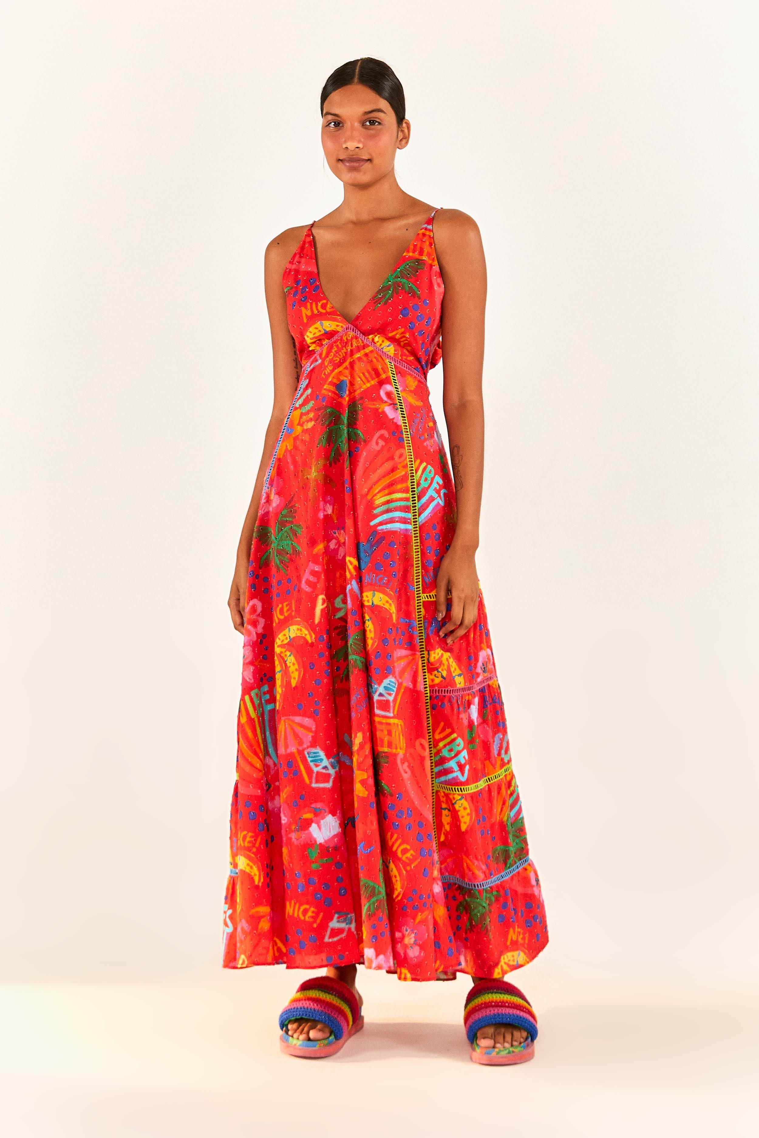 Red Good Vibes V Neck Maxi Dress sold by FARM Rio product image thumbnail 4