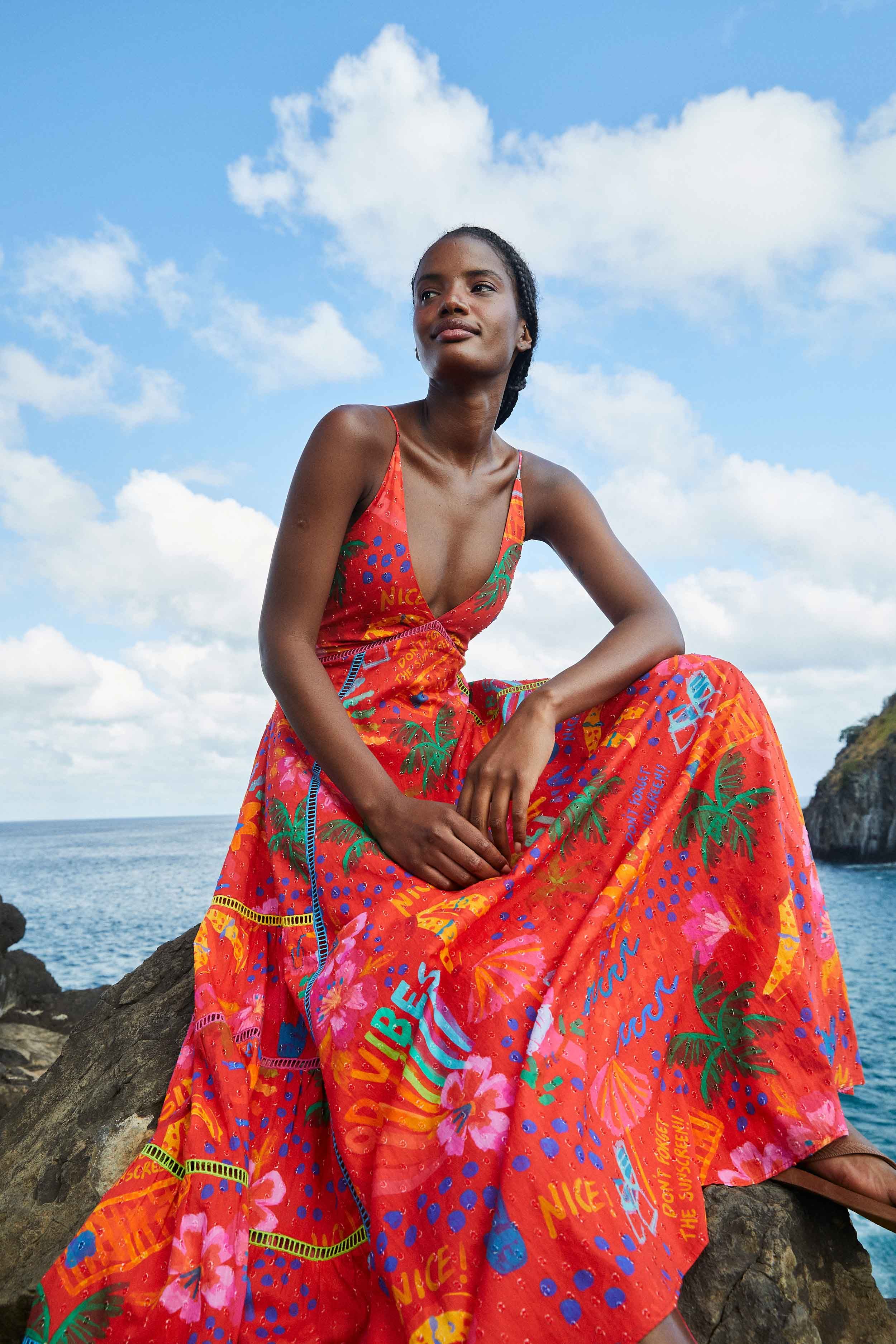 Red Good Vibes V Neck Maxi Dress sold by FARM Rio product image thumbnail 3