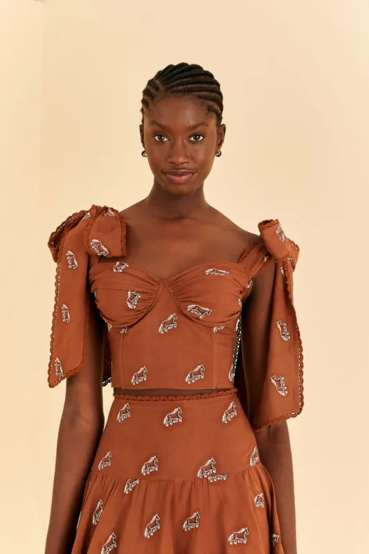 Caramel Embroidered Horses Crop Top sold by FARM Rio