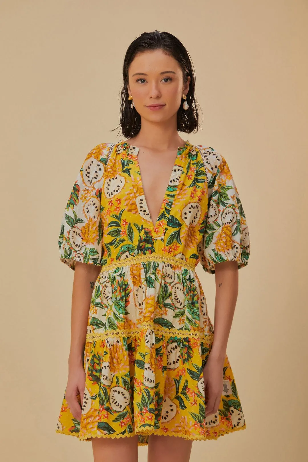 Yellow Biriba Mix Mini Dress sold by FARM Rio