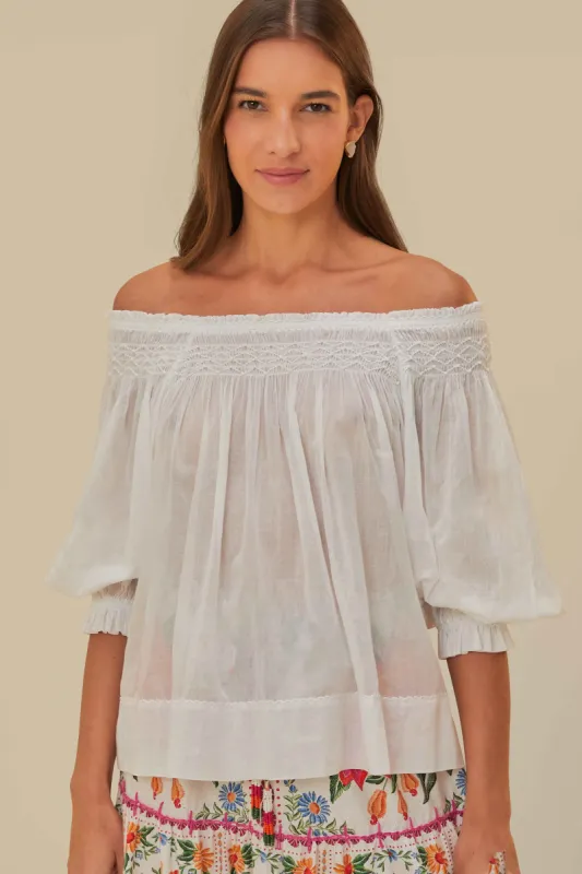 Off-White Blue Yard Short Sleeve Blouse sold by FARM Rio