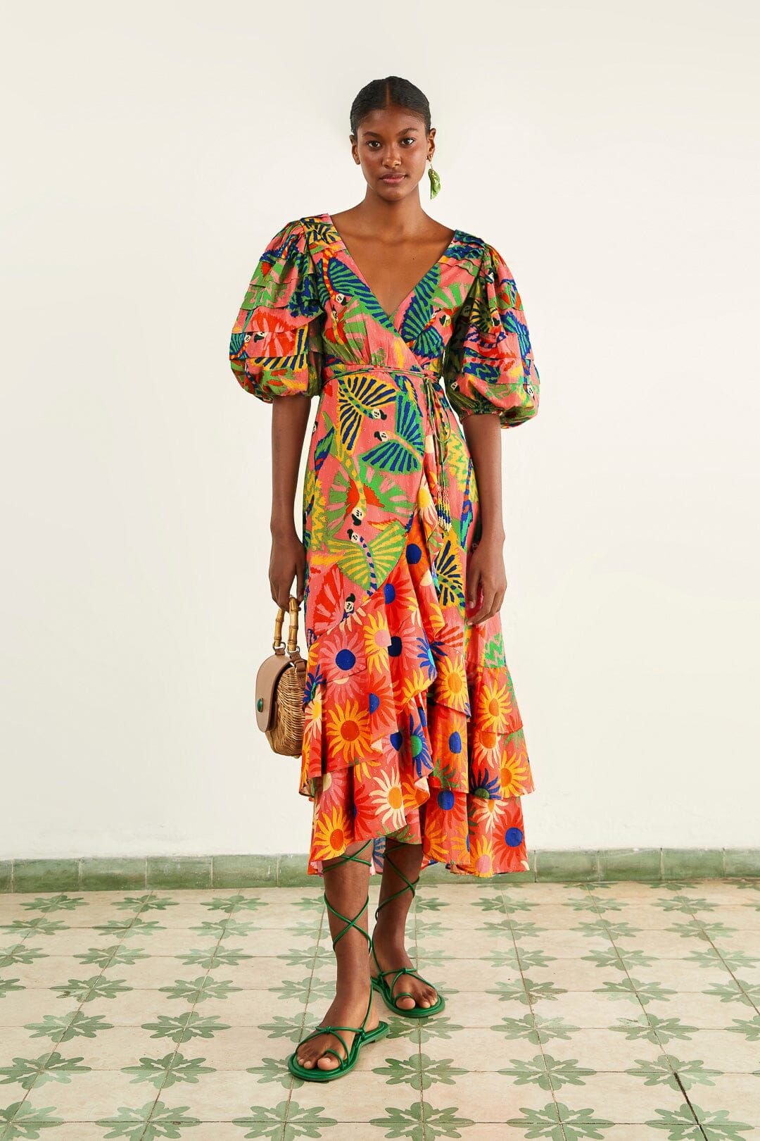 Coral Mixed Graphic Macaws Puff Sleeve Midi Dress sold by FARM Rio