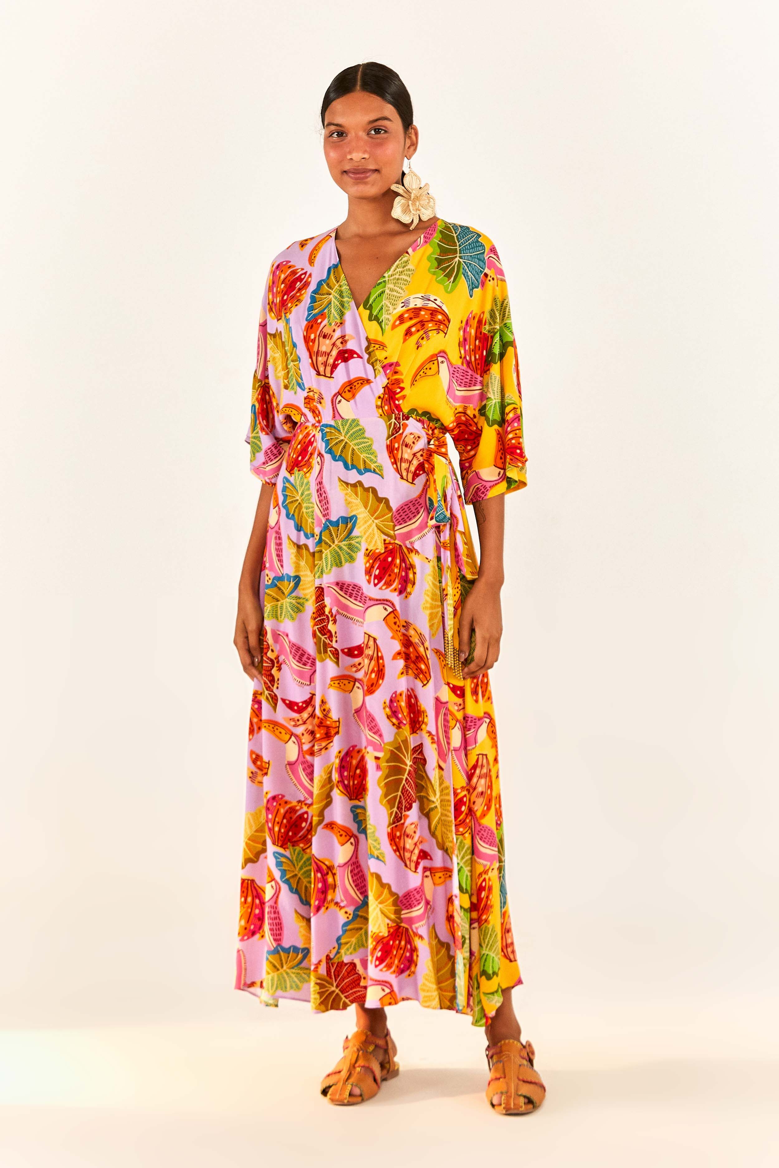 MIXED BEAKS & BANANAS MAXI WRAP DRESS sold by FARM Rio