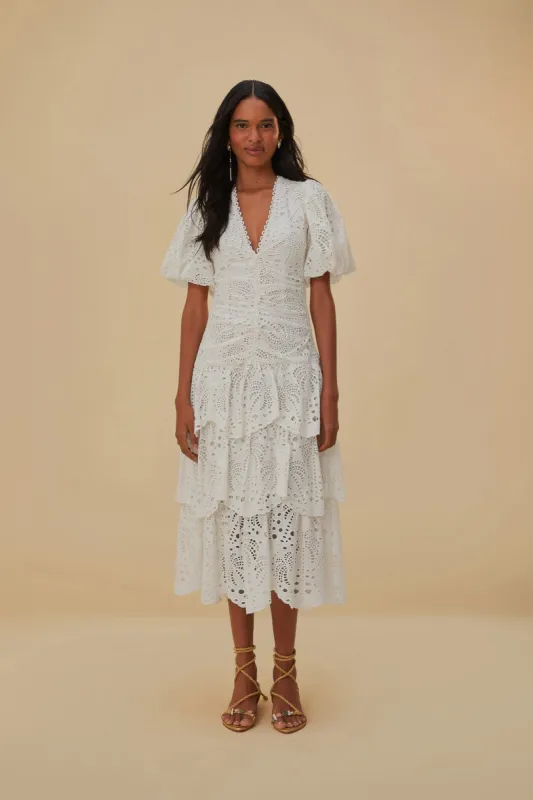 White Cotton Eyelet Puff Sleeve Midi Dress sold by FARM Rio