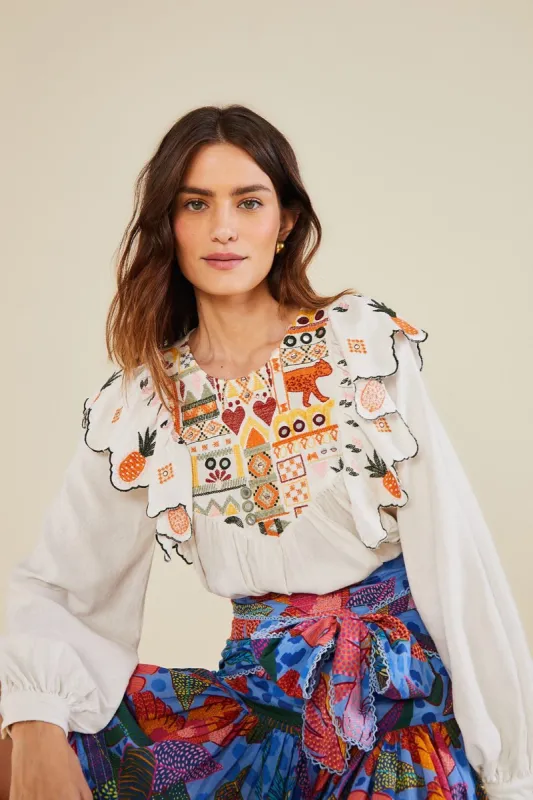 White Embroidered Fall Leaf Blouse sold by FARM Rio