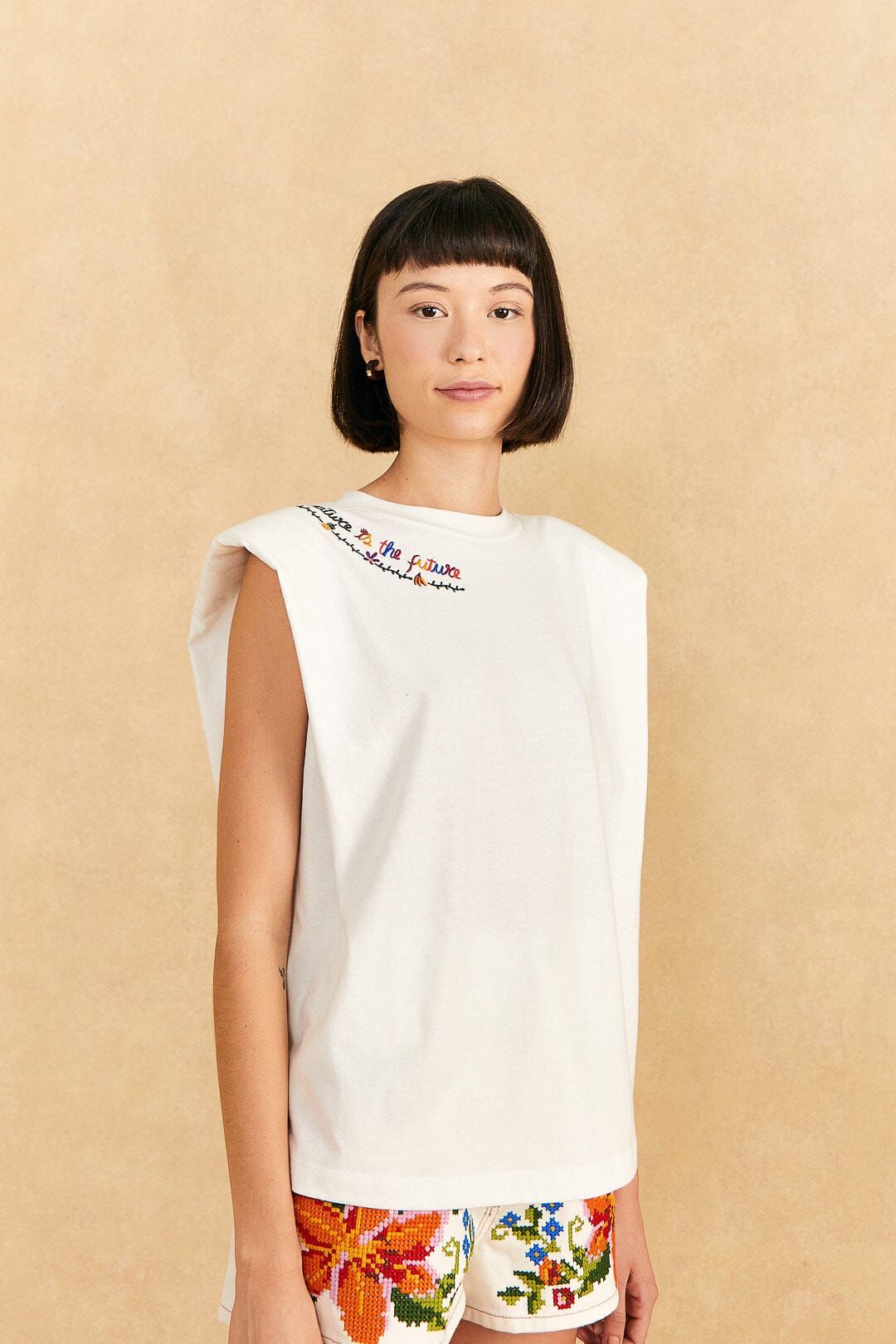 Nature Is The Future Embroidered Organic Cotton T-Shirt sold by FARM Rio