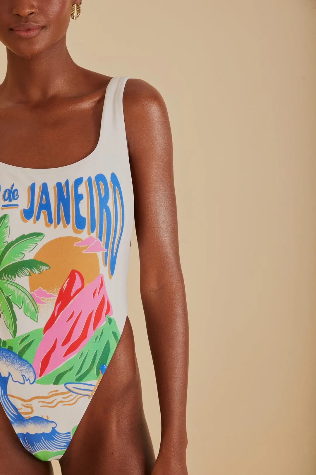 White Carioca Posters One Piece Swimsuit sold by FARM Rio product image thumbnail 2