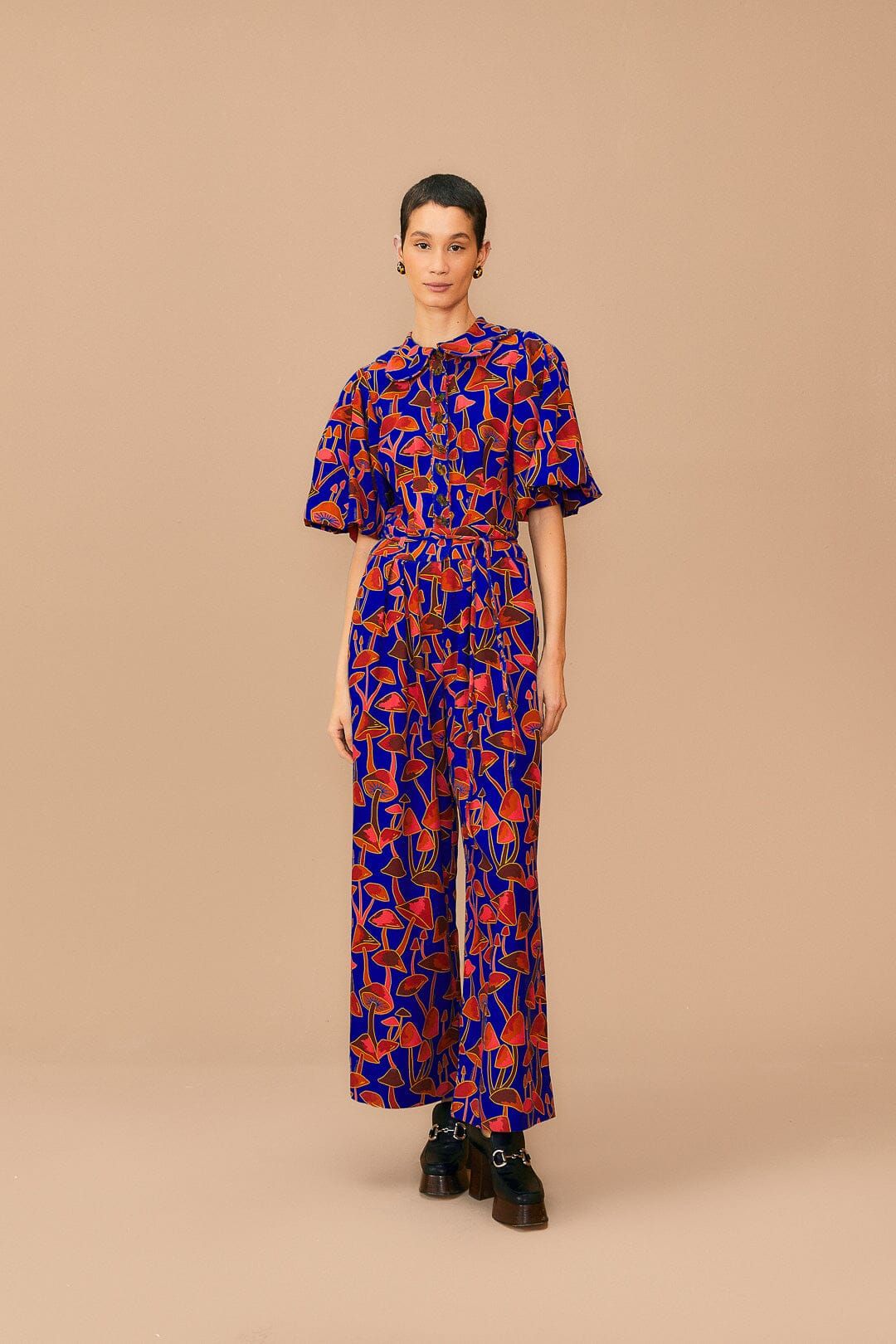 Bright Blue Mushroom Sketch Puff Sleeve Jumpsuit sold by FARM Rio product image thumbnail 2