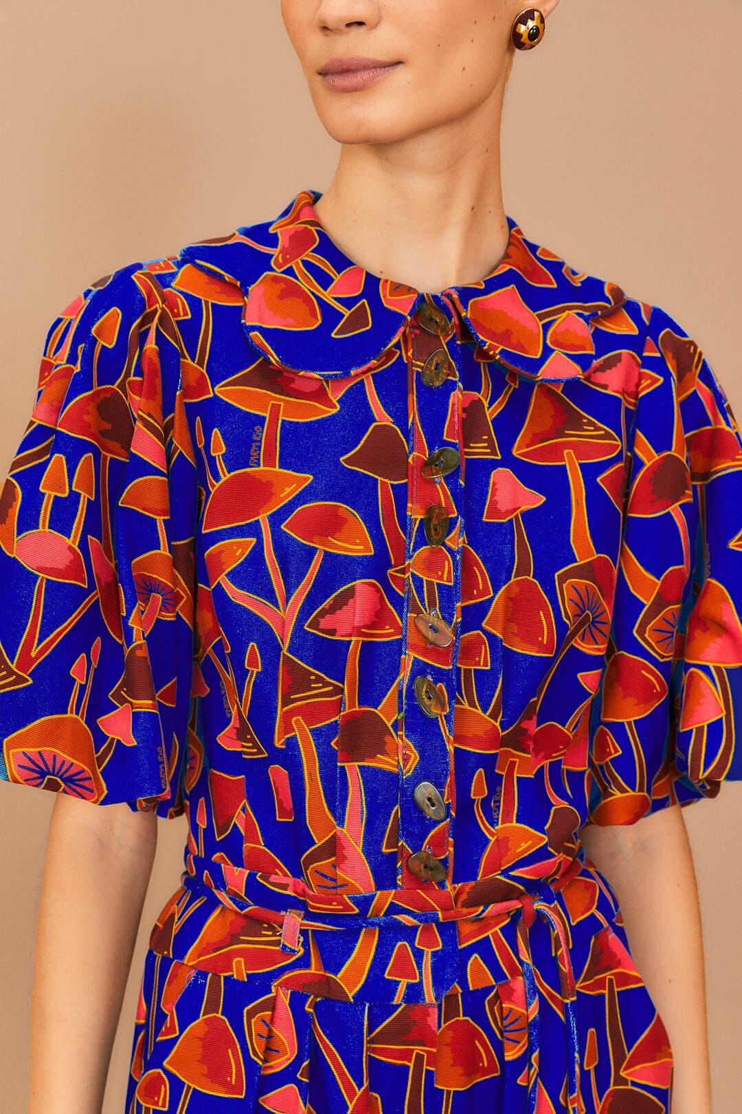 Bright Blue Mushroom Sketch Puff Sleeve Jumpsuit sold by FARM Rio product image thumbnail 3