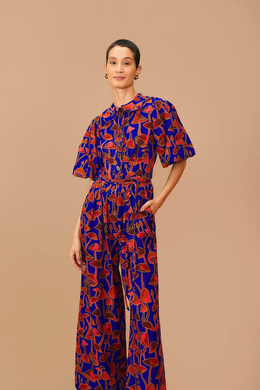 Bright Blue Mushroom Sketch Puff Sleeve Jumpsuit sold by FARM Rio
