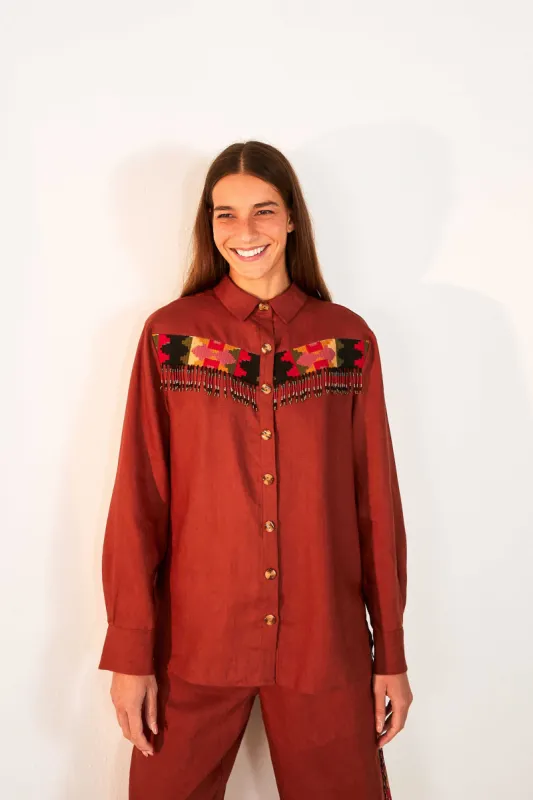 Brown Beaded Fringe Shirt sold by FARM Rio