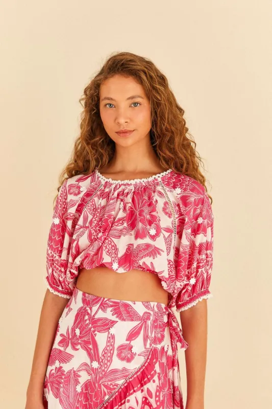 Pink Tropical Woodcut Crop Top sold by FARM Rio