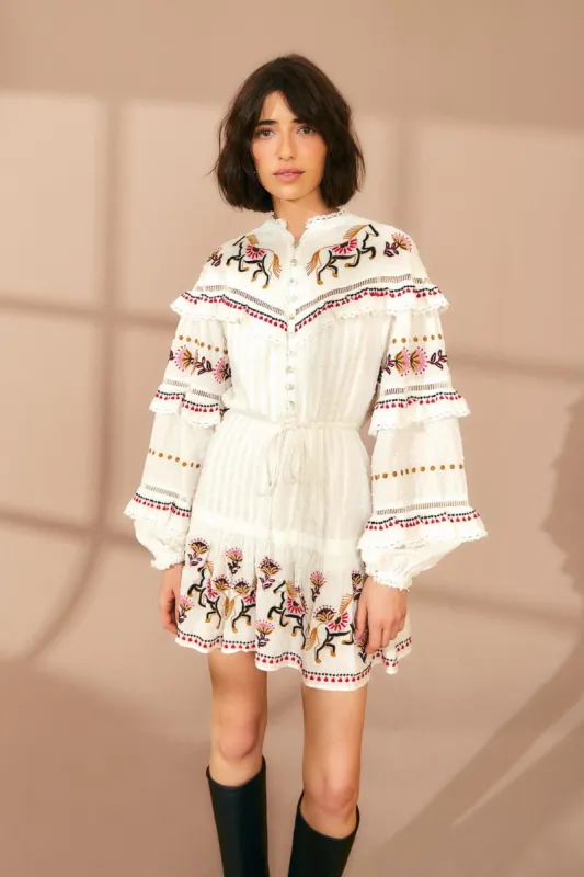 Off-White Embroidered Horses Ruffle Mini Dress sold by FARM Rio