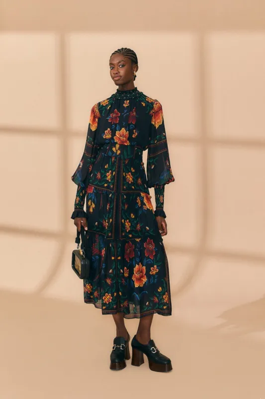 Black Macaws Garden High Neck Midi Dress sold by FARM Rio