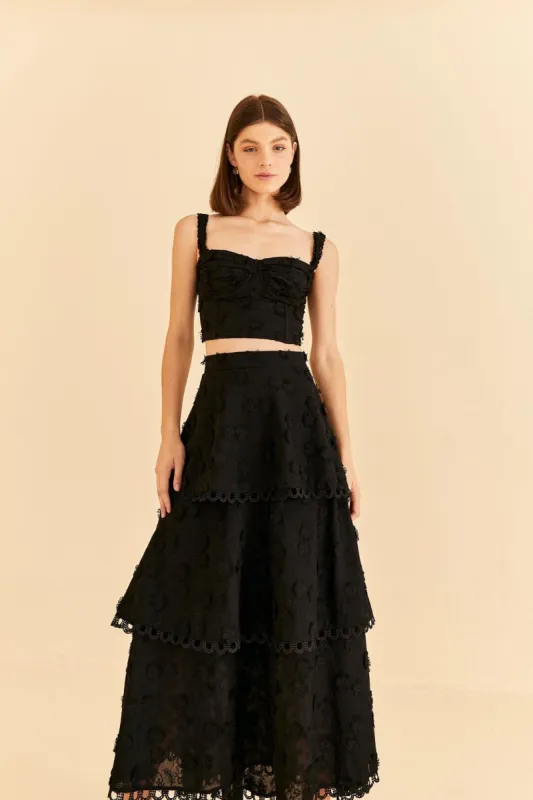 Black 3d Flower Tiered Maxi Skirt sold by FARM Rio