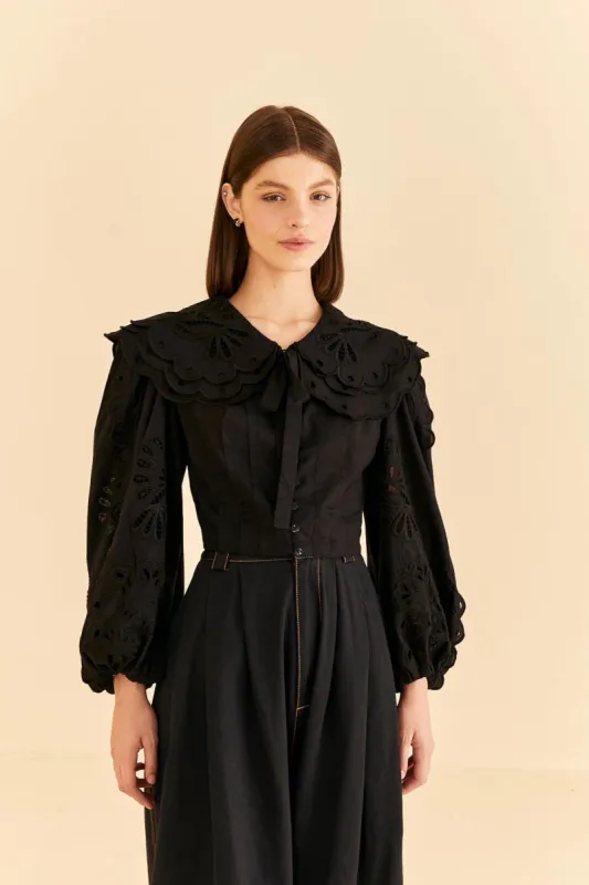 Black Richelieu Big Collar Blouse sold by FARM Rio