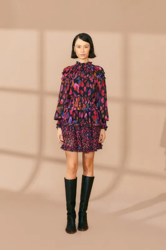 Black Iridescent Leopards Ruffle Mini Dress sold by FARM Rio