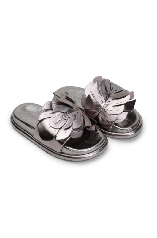 Metallic Silver Monstera Anatomic Slide Sandal sold by FARM Rio