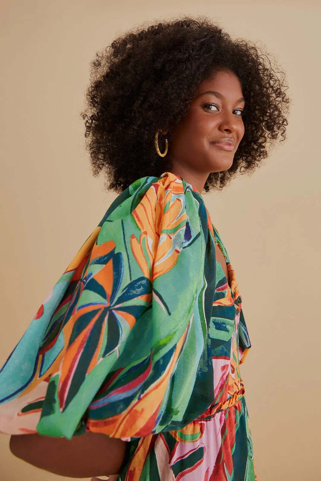 Multicolor Banana Foliage Puff Sleeve Midi Dress sold by FARM Rio product image thumbnail 4