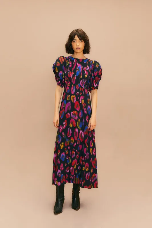 Black Iridescent Leopards Slit Midi Dress sold by FARM Rio
