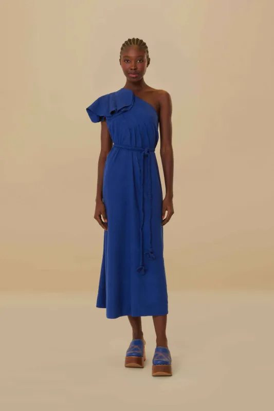 Navy Blue One Shoulder Leaf Lenzing™ Ecovero™ Euroflax™ Maxi Dress sold by FARM Rio