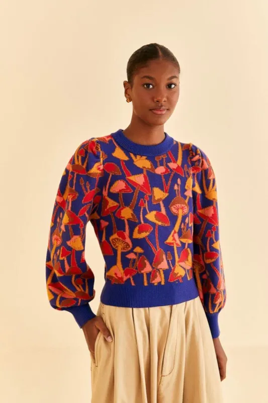 Bright Blue Mushroom Sketch Knit Sweater sold by FARM Rio