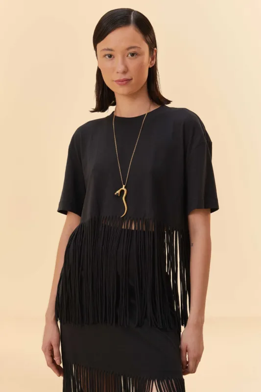 Black Relaxed Organic Cotton Fringe T-Shirt sold by FARM Rio