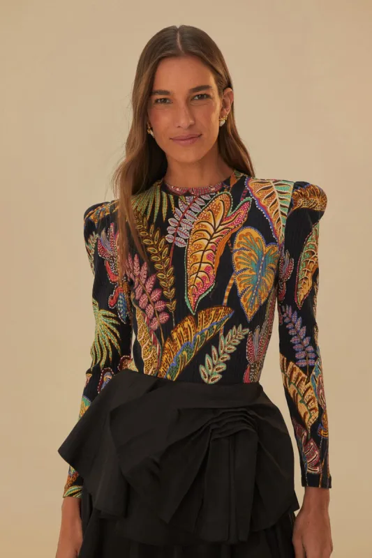 Cool Foliage Black Bodysuit made by FARM Rio