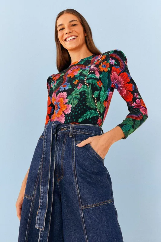 Black Blooming Garden Organic Cotton Bodysuit made by FARM Rio