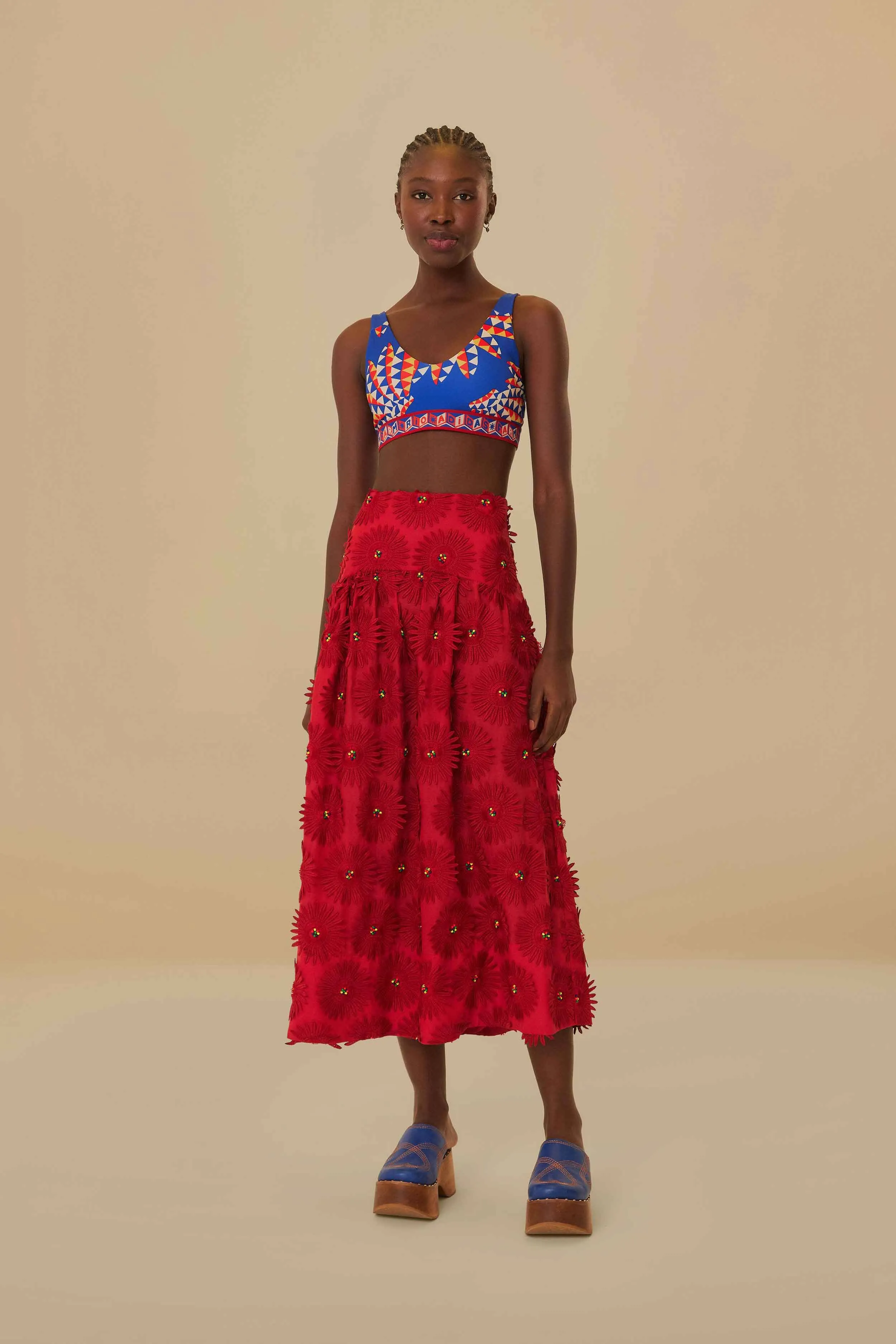 Red Daisy Flower Midi Skirt sold by FARM Rio