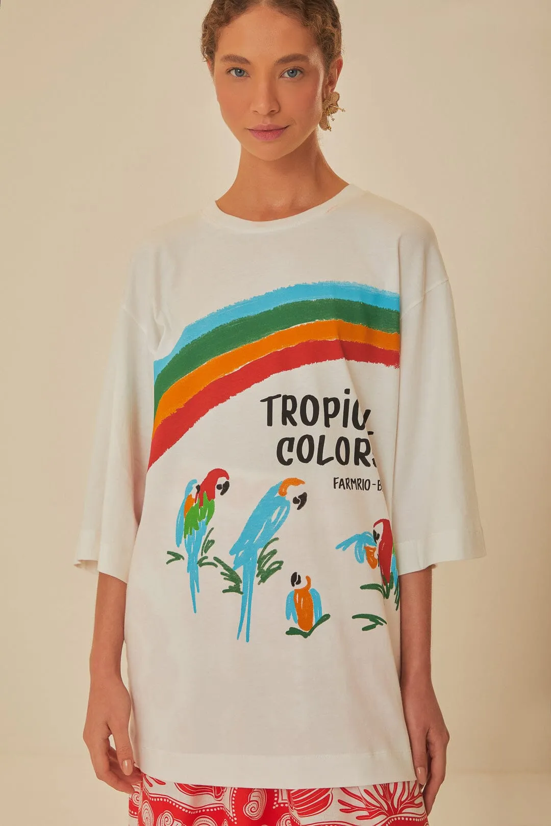White Tropical Colors Organic Cotton Oversized T-Shirt sold by FARM Rio