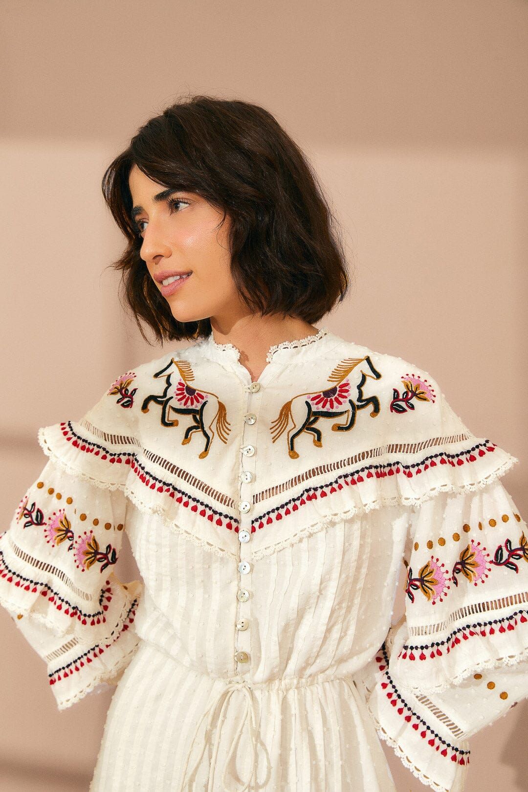 Off-White Embroidered Horses Ruffle Mini Dress sold by FARM Rio product image thumbnail 3