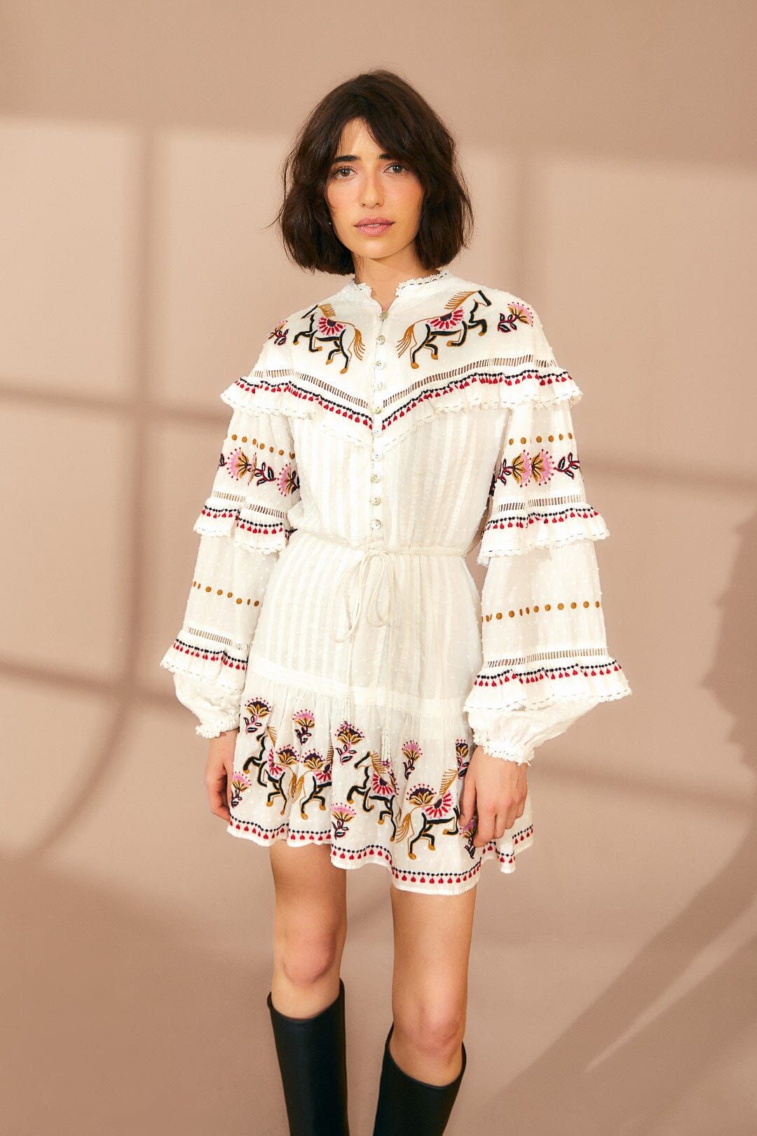 Off-White Embroidered Horses Ruffle Mini Dress sold by FARM Rio