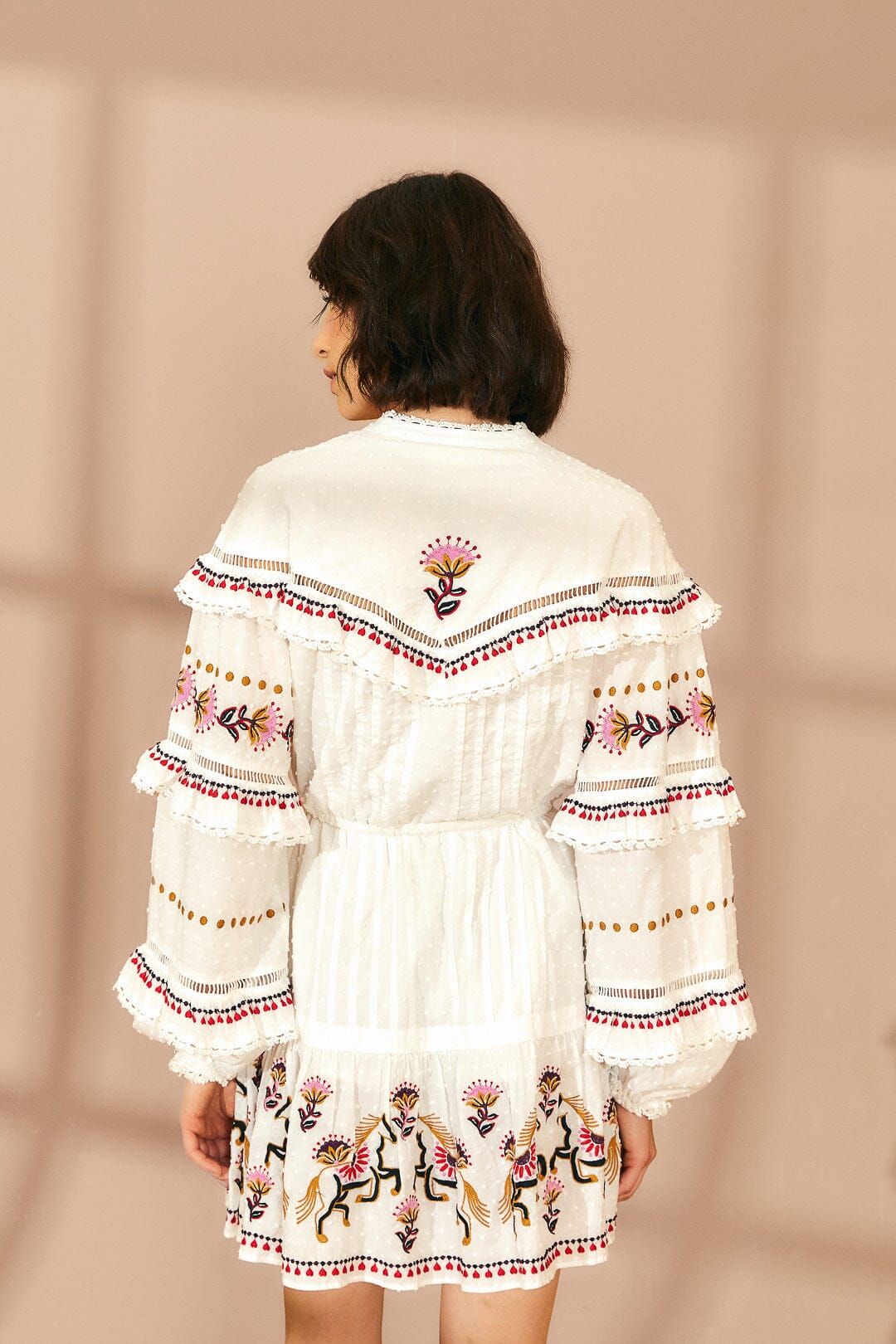Off-White Embroidered Horses Ruffle Mini Dress sold by FARM Rio product image thumbnail 4