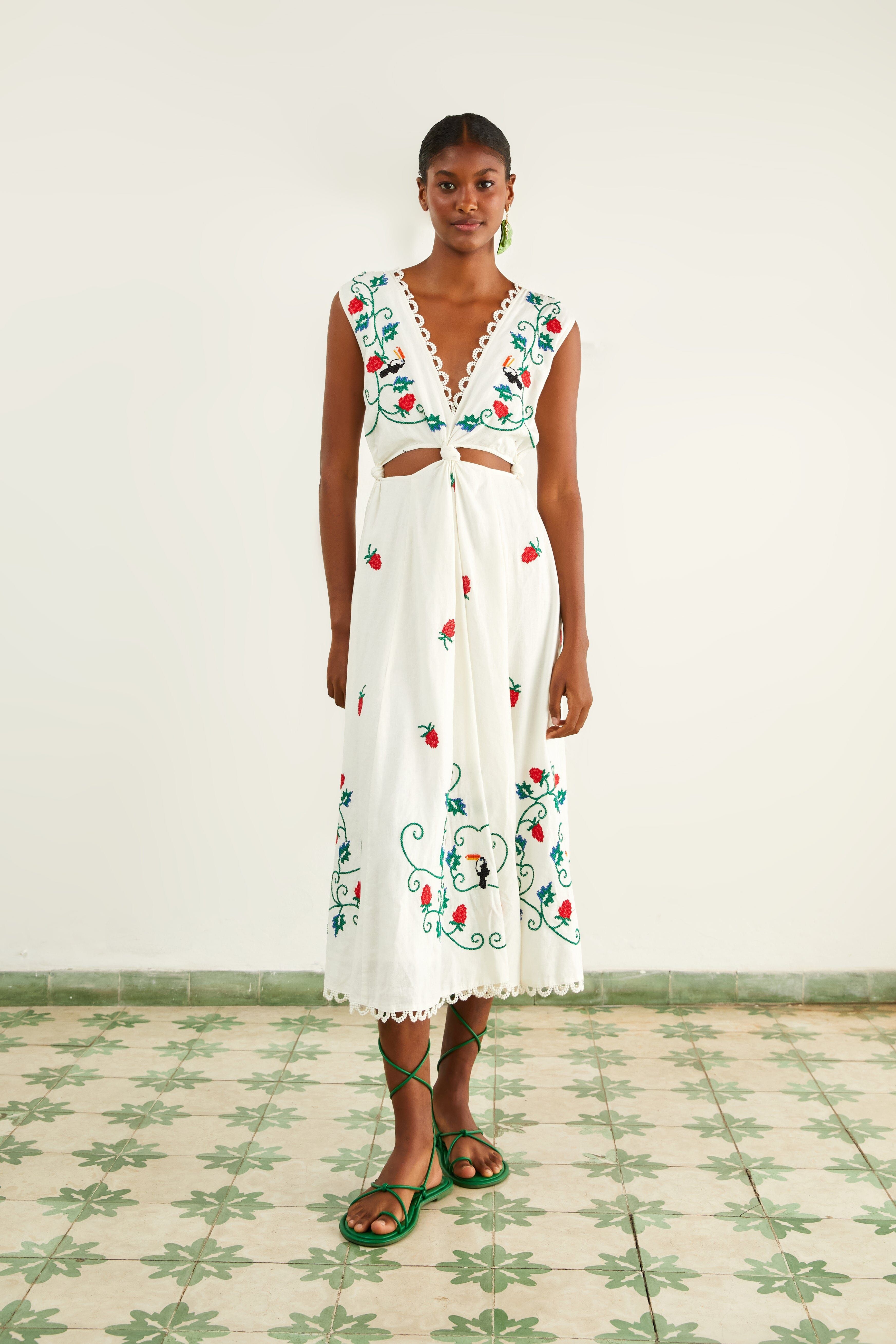 Cross Stitch Toucan Embroidered Midi Dress | Parallel