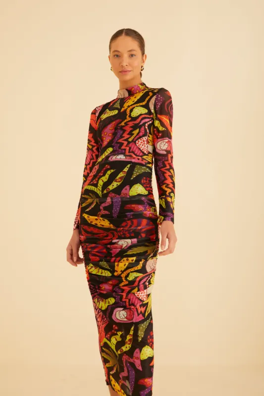 Black Psychedelic Garden Tulle Midi Dress sold by FARM Rio