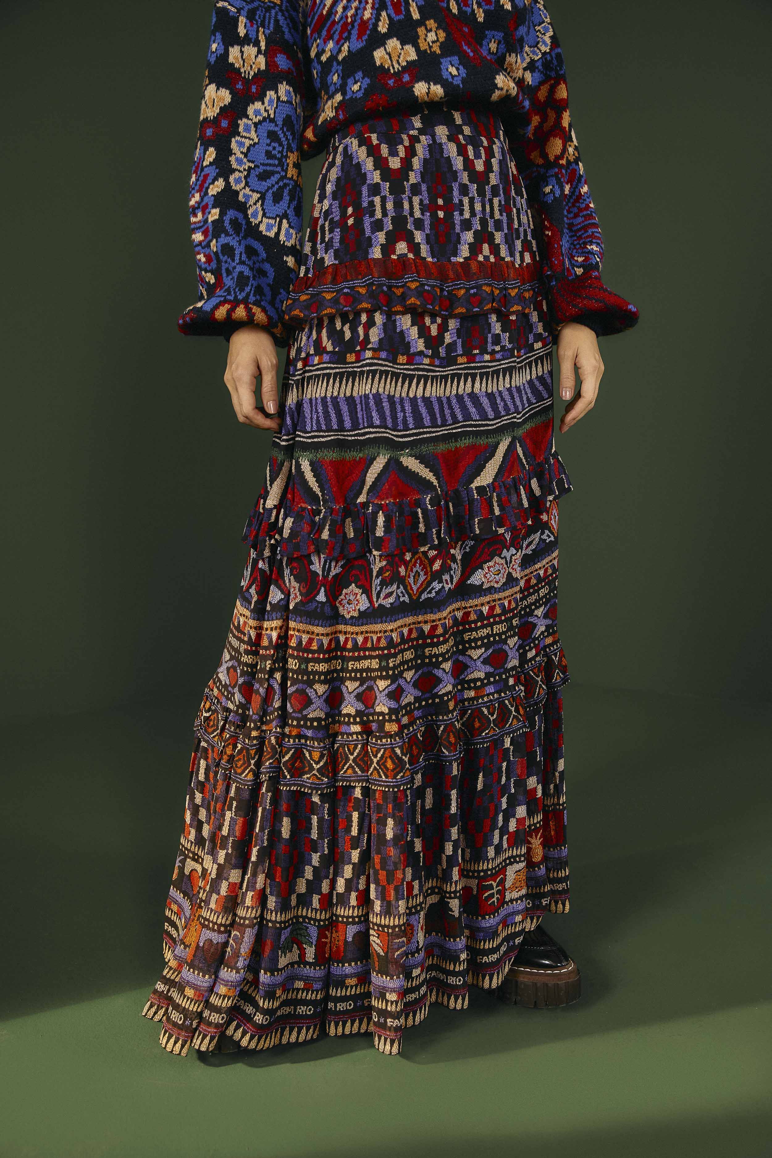 Blue Ainika Tapestry Maxi Skirt sold by FARM Rio product image thumbnail 3