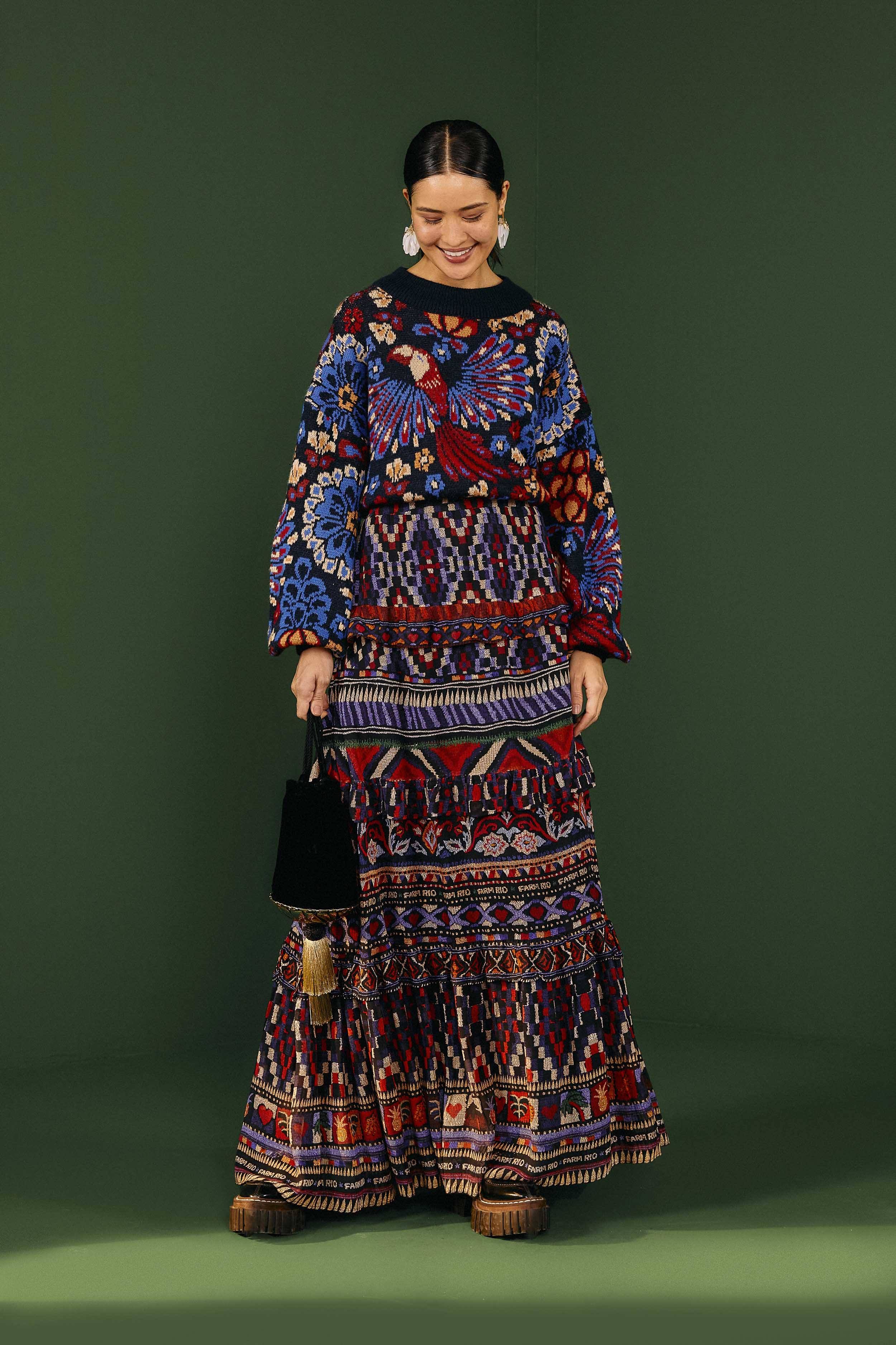 Blue Ainika Tapestry Maxi Skirt sold by FARM Rio