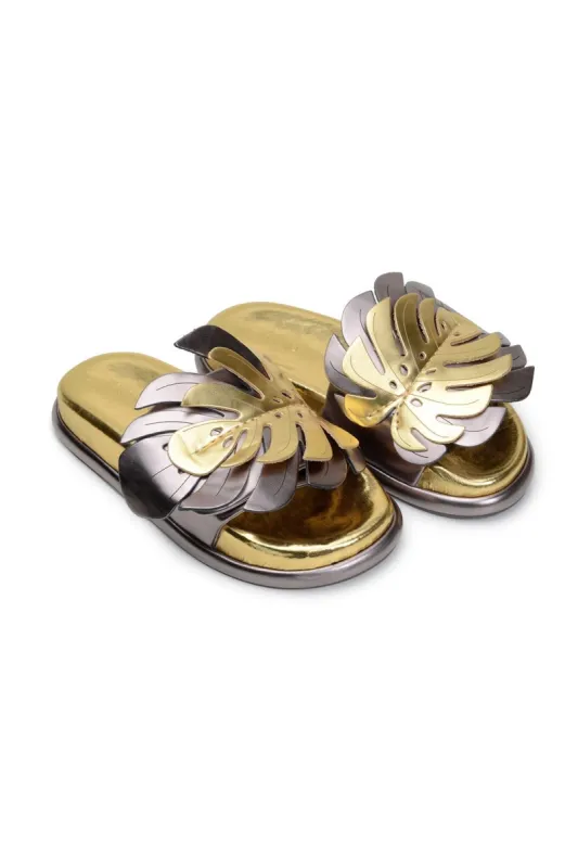 Golden Monstera Anatomic Slide Sandal sold by FARM Rio