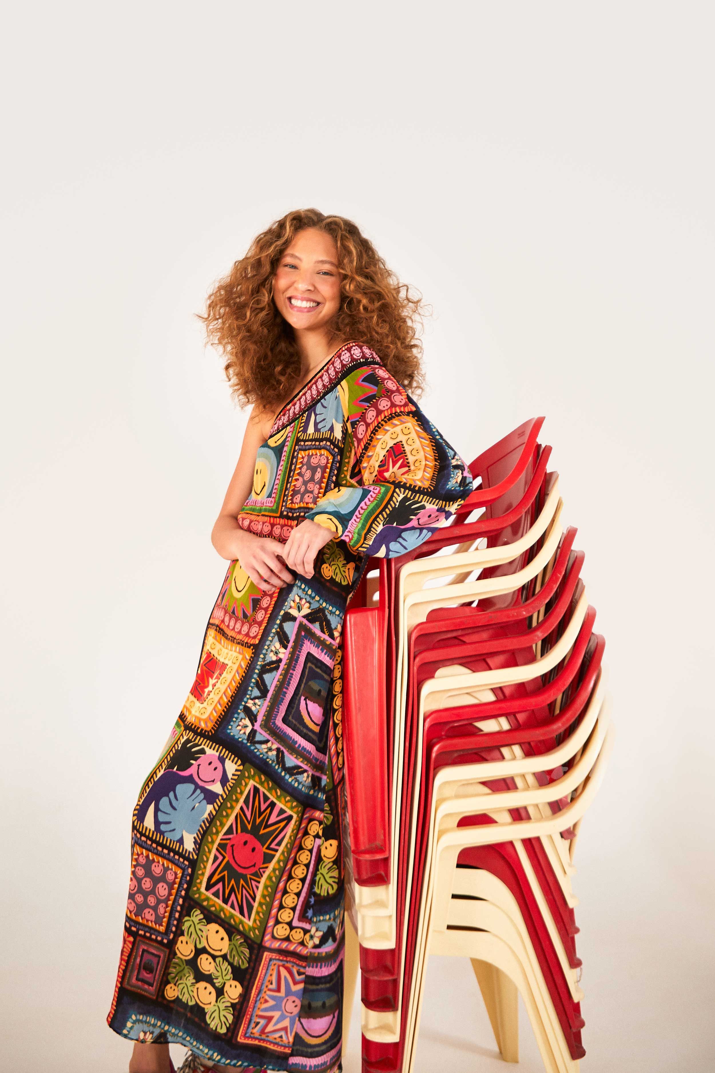 Patchwork Tapestry Smiley® One Shoulder Midi Dress sold by FARM Rio