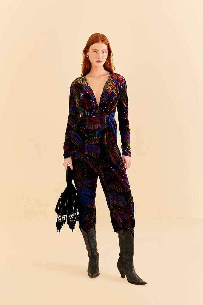 Black Midnight Island V Neck Velvet Jumpsuit sold by FARM Rio