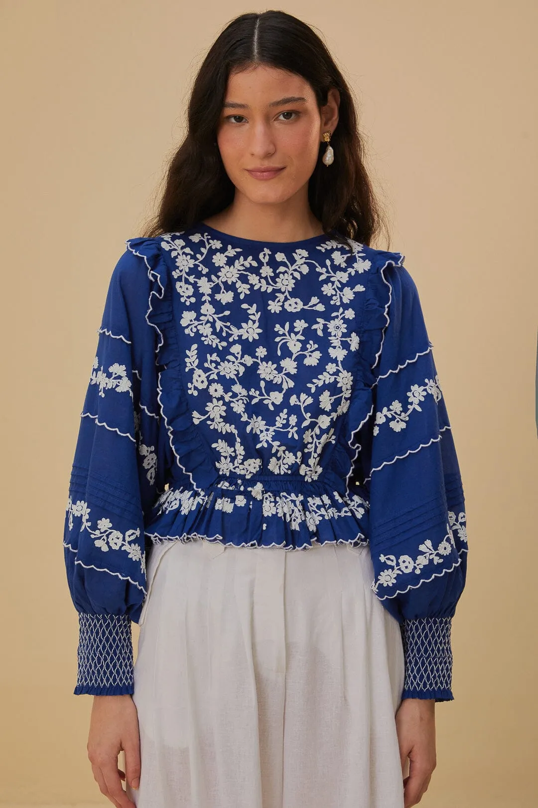 Navy Blue Embroidered Long Sleeve Blouse sold by FARM Rio