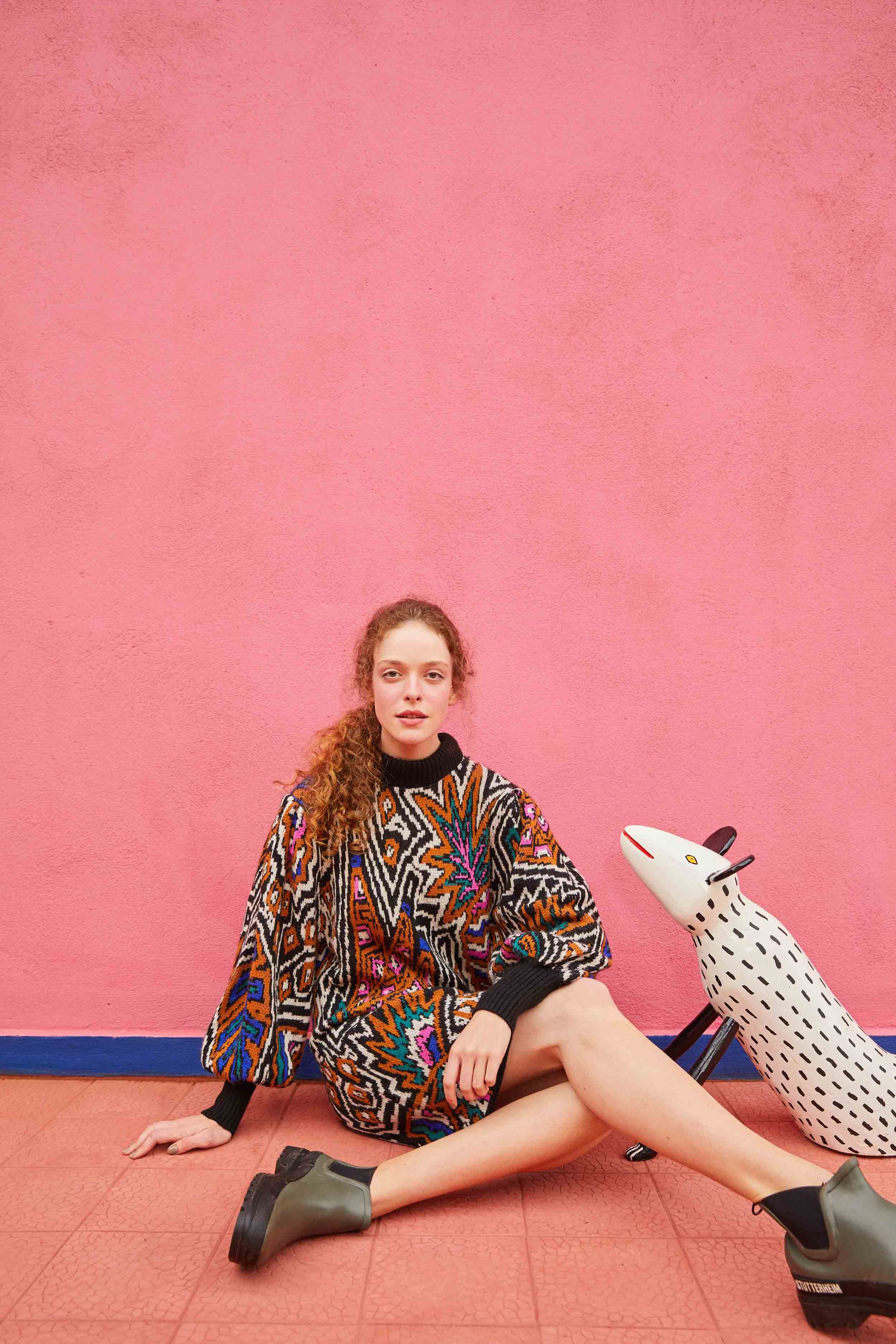 CARAMEL TROPICAL STRIPES SWEATER DRESS sold by FARM Rio