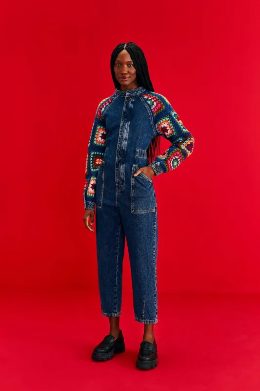 Crochet Squares Denim Jumpsuit sold by FARM Rio