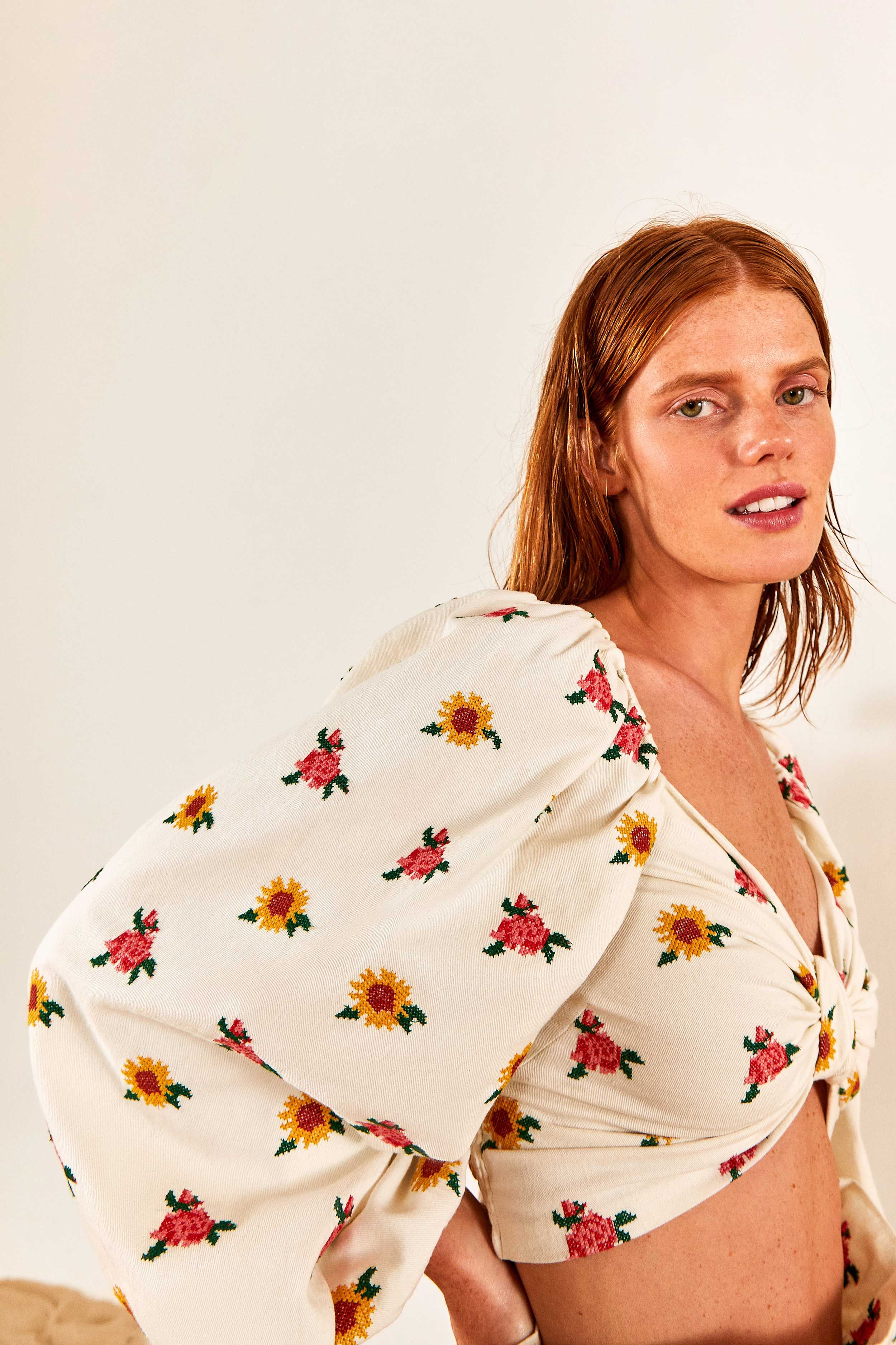 Mixed Cross Stitch Flowers Crop Top sold by FARM Rio product image thumbnail 3