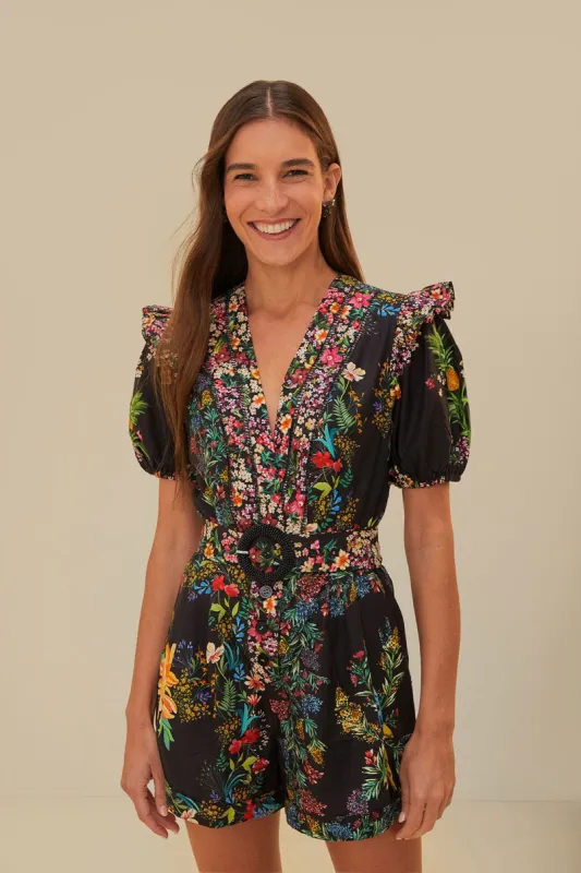 Black Delicate Forest Scarves Organic Cotton Romper sold by FARM Rio