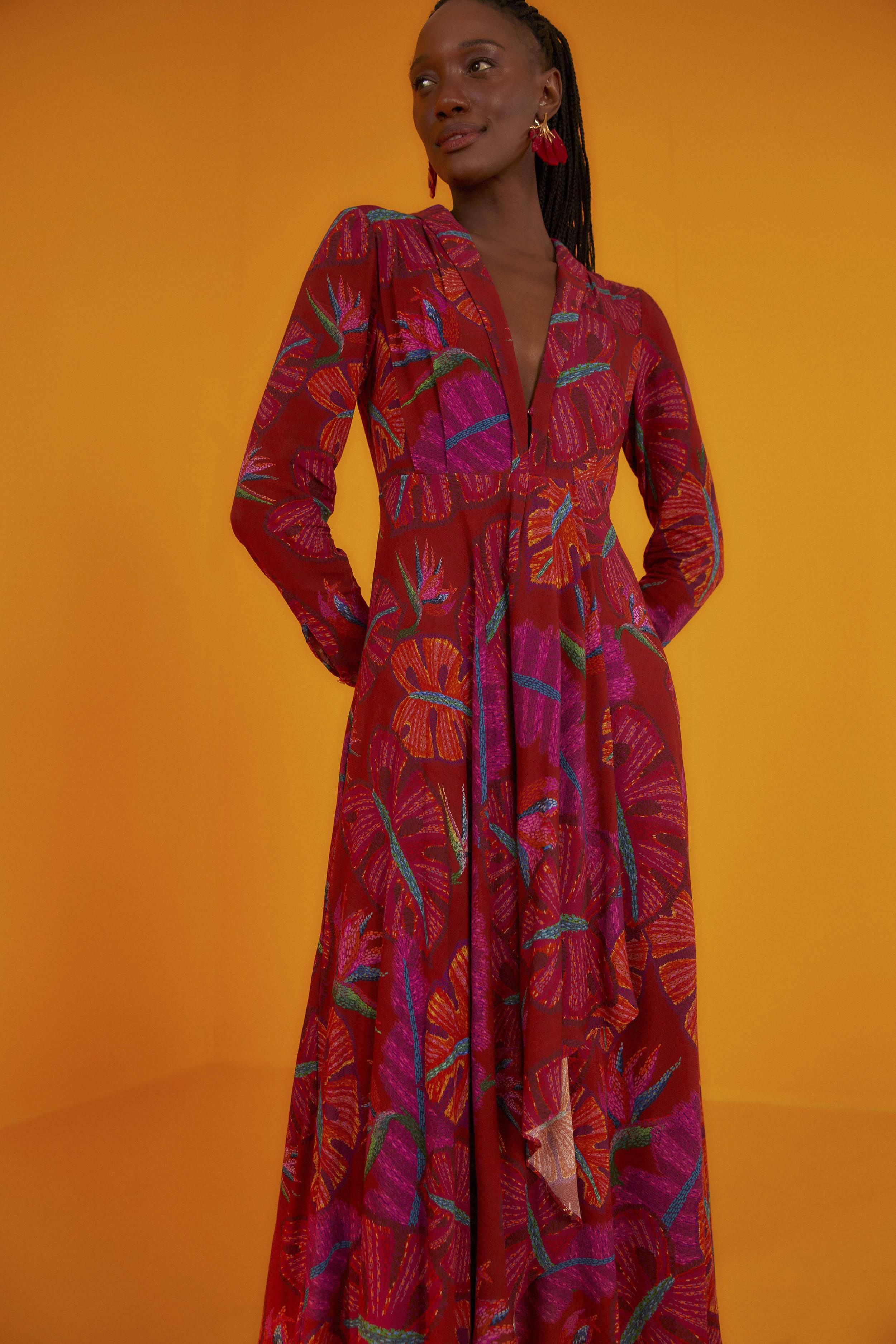 Red Delicate Leaves Maxi Dress sold by FARM Rio