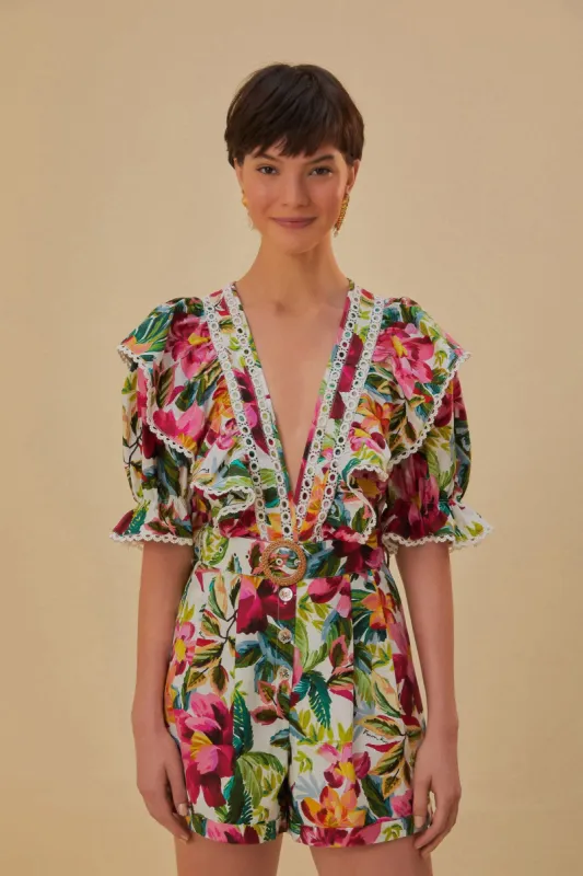 Off-White Painted Flowers Romper sold by FARM Rio