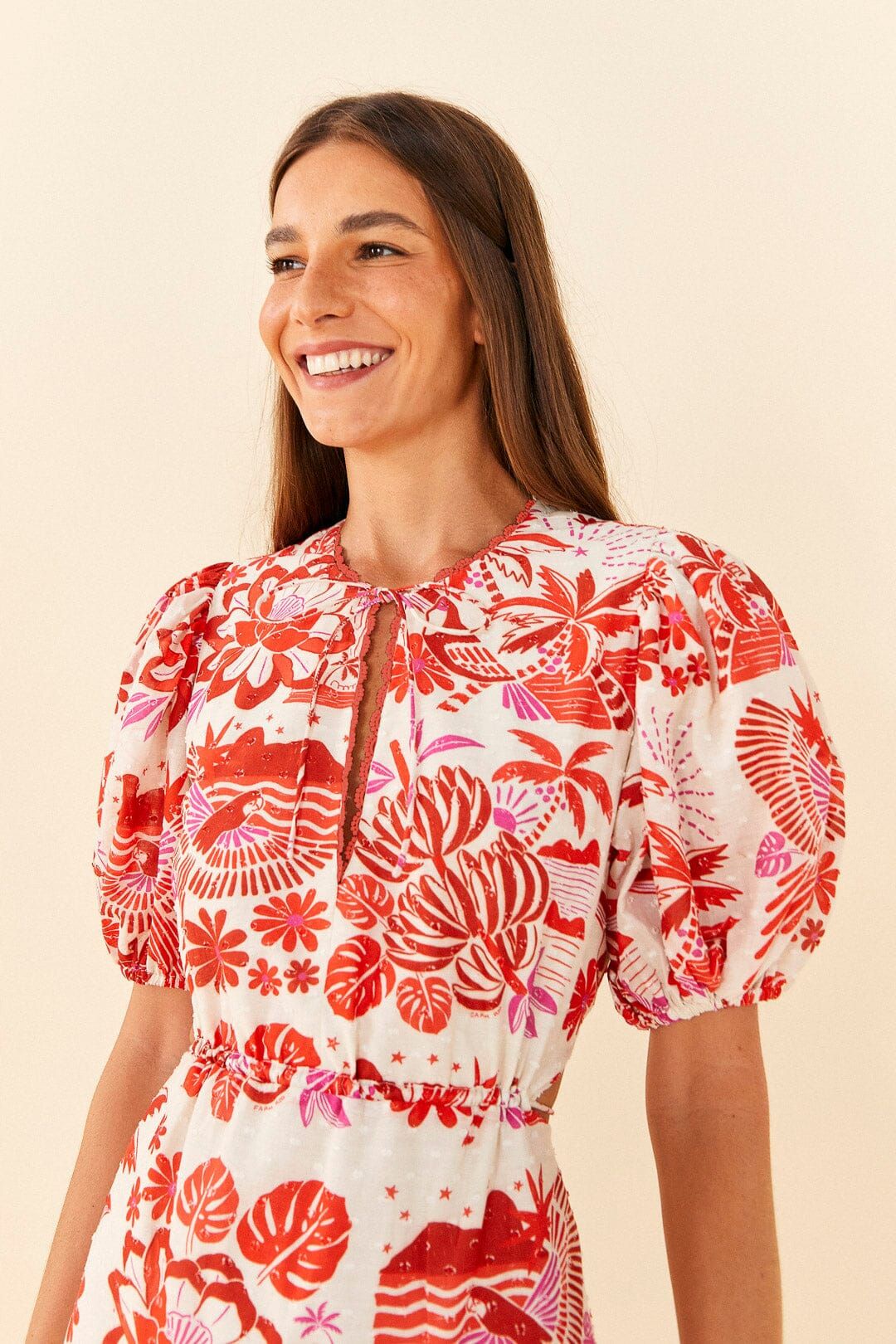 Off-White Rio Tiles Puff Sleeve Mini Dress sold by FARM Rio product image thumbnail 3