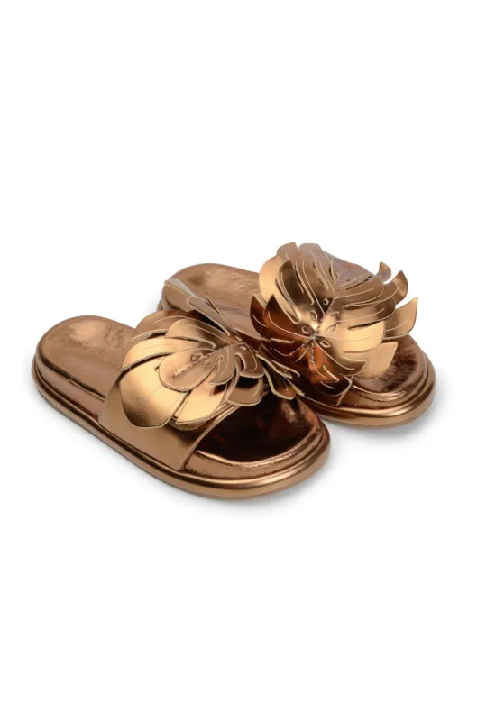 Bronze Monstera Anatomic Slide Sandal sold by FARM Rio